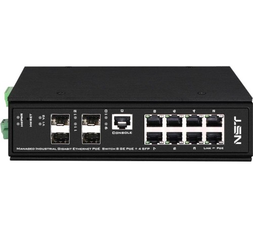 Промышленный управляемый (L2+) HiPoE коммутатор Gigabit Ethernet/ Промышленный управляемый (L2+) HiPoE коммутатор Gigabit Ethernet на 8GE PoE + 4 GE SFP порта с функцией мониторинга температуры/ влажности/ напряжения. Порты: 1 x GE (10/100/1000Base-T) с P