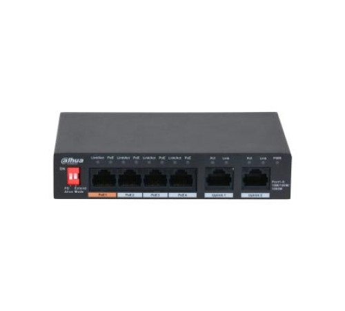 Коммутатор DAHUA 4-портовый неуправляемый коммутатор с РоЕ Порты: 4 RJ45 10/100/1000Мбит/с (PoE/PoE+/Hi-PoE), 2 RJ45 10/100/1000Мбит/с (uplink); мощность PoE: 1 до 60Вт, порты: 2~4 до 30Вт, суммарно до 60Вт; PoE