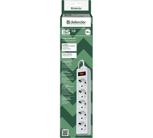 Сетевой фильтр Defender ES 1.8 1,8 м, белый, 5 розеток/ Surge Protector Defender ES 1.8 1,8m, white, 5 outlets Сетевой фильтр Defender ES 1.8 1,8 м, белый, 5 розеток/ Surge Protector Defender ES 1.8 1,8m, white, 5 outlets