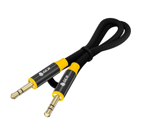GCR Кабель 0.5m аудио jack 3.5mm/jack 3.5mm черный нейлон, GOLD, AL case черный, желтая окантовка, M/M, GCR-54245