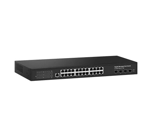 Управляемый L3 PoE коммутатор/ Управляемый L3 PoE коммутатор на 24xGE RJ-45 c PoE + 4х10G SFP+ порта. Порты: 2 x GE (10/100/1000 Base-T) с PoE (до 90W, A+B) + 22 x GE (10/100/1000 Base-T) с поддержкой PoE (IEEE 802.3af/at), 4 x 10G SFP+ Uplink. Консольный Управляемый L3 PoE коммутатор/ Управляемый L3 PoE коммутатор на 24xGE RJ-45 c PoE + 4х10G SFP+ порта. Порты: 2 x GE (10/100/1000 Base-T) с PoE (до 90W, A+B) + 22 x GE (10/100/1000 Base-T) с поддержкой PoE (IEEE 802.3af/at), 4 x 10G SFP+ Uplink. Консольный