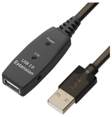 GCR Удлинитель активный 3.0m USB 2.0, AM/AF, GOLD, черно-прозрачный, с усилителем сигнала, разъём для доп.питания, 28/24 AWG