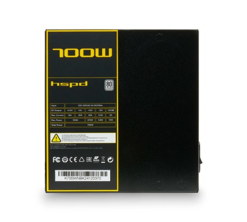 Блок питания/ Power Supply HSPD, 700W 80+ White (ATX, 2.52, Non-modular, 1x24(20+4)pin 500mm, 1xCPU 8(4+4)pin 550mm, 1xPCIe*2 8(6+2)pin 500+150mm, 2xSATA*3 400+150+150mm, 1xMOLEX4pin*3 400+150+150mm , Active, 120x120mm, 150x140x86mm, APFC, OVP, UVP, SCP,