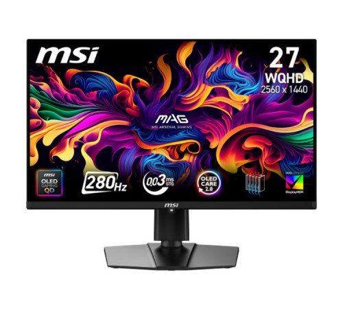 Монитор MSI MAG 271QP QD-OLED X28 26,5" 16:9 WQHD(2560x1440) QD-OLED Flat,True Black 400, 0.03ms(GTG), 1,5M:1, HDR Brightness 1000nits, 2xHDMI, DP, Type-C, Tilt,Swivel,Height,Pivot,VESA,280Hz,Black,1y w-ty