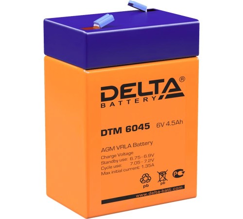 Батарея DELTA серия DTM, DTM 6045, напряжение 6В, емкость 4.5Ач (разряд 20 часов), макс. ток разряда (5 сек.) 67.5А, макс. ток заряда 1.32А, свинцово-кислотная типа AGM, клеммы F1, ДxШxВ 70х47х101мм., вес 0.78кг., срок службы 6 лет./ Battery DELTA series Батарея DELTA серия DTM, DTM 6045, напряжение 6В, емкость 4.5Ач (разряд 20 часов), макс. ток разряда (5 сек.) 67.5А, макс. ток заряда 1.32А, свинцово-кислотная типа AGM, клеммы F1, ДxШxВ 70х47х101мм., вес 0.78кг., срок службы 6 лет./ Battery DELTA series