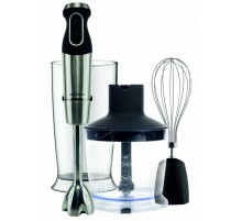 Погружной блендер MAUNFELD/ Погружной блендер, 1000Вт, чаши 500 мл+600 мл, корпус из нержавеющей стали и пластика, 3 в 1, 2 ступени скорости, голубая LED подсветка, комплектация:погружная насадка из нерж. стали, 2 ножа из нержавейки, венчик из нержавейки,