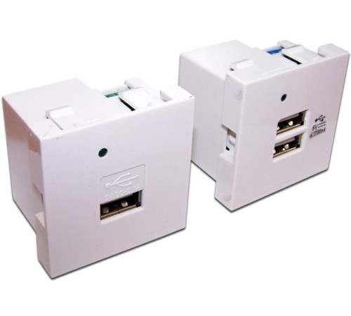Модуль USB-зарядки, 2 порта, без шторки, 2.1A/5V, 45x45, белый Модуль USB-зарядки, 2 порта, без шторки, 2.1A/5V, 45x45, белый