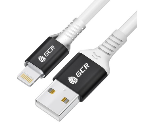 GCR Кабель PREMIUM 1.0m AM/Lightning LED для iPhone, iPad, Air, MFi, белый силикон, AL case черный, прозрачный ПВХ, GCR-54442