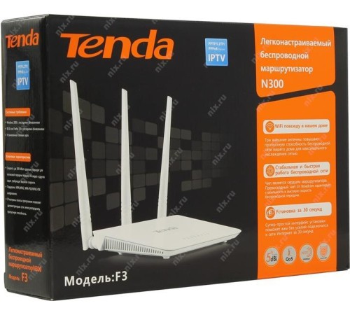 Маршрутизатор/ Tenda WiFi Router F3 (2.4GHz, Wlan 300Mbps, 802.11bgn+4xLAN RG45 10/100+1xWAN) 3x5dBi ext Antenna