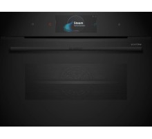 Встраиваемая электрическая духовка BOSCH Accent Line. Компактный духовой шкаф-пароварка, черный, 14 режимов + комбинированные режимы, функция приготовление на пару 100%, 4-слойное остекление, 3 цветных текстовых TFT-дисплея 2,5" с сенсорным управлени