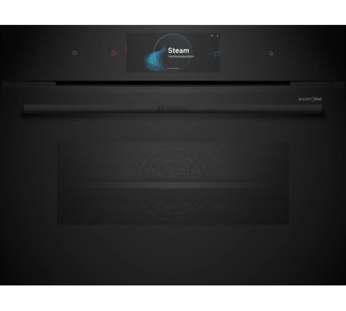 Встраиваемая электрическая духовка BOSCH Accent Line. Компактный духовой шкаф-пароварка, черный, 14 режимов + комбинированные режимы, функция приготовление на пару 100%, 4-слойное остекление, 3 цветных текстовых TFT-дисплея 2,5" с сенсорным управлени