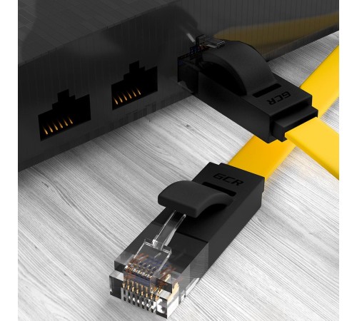 GCR Патч-корд PROF плоский прямой 0.3m, UTP медь кат.6, желтый+черный, 30 AWG, ethernet high speed 10 Гбит/с, RJ45, T568B, GCR-52090