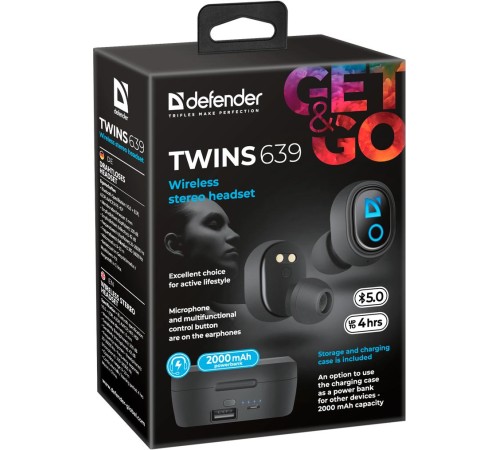 Defender Беспроводная гарнитура Twins 639 черный,TWS, PB, Bluetooth
