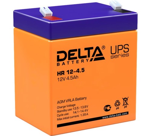Батарея DELTA серия HR, HR 12-4,5, напряжение 12В, емкость 4.5Ач (разряд 20 часов), макс. ток разряда (5 сек.) 67.5А, макс. ток заряда 1.35А, свинцово-кислотная типа AGM, клеммы F1, ДxШxВ 90х70х101мм., вес 1.75кг., срок службы 8 лет./ Battery DELTA serie Батарея DELTA серия HR, HR 12-4,5, напряжение 12В, емкость 4.5Ач (разряд 20 часов), макс. ток разряда (5 сек.) 67.5А, макс. ток заряда 1.35А, свинцово-кислотная типа AGM, клеммы F1, ДxШxВ 90х70х101мм., вес 1.75кг., срок службы 8 лет./ Battery DELTA serie