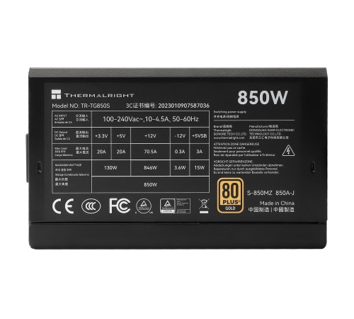 Блок питания ПК/ Power Supply Thermalright, 850W 80+ Gold (ATX, 3.0, PCIe 5.0, Non-modular, 1x24(20+4)pin, 1xCPU 8(4+4)pin, 2xPCIe*2 8(6+2)pin, 5xSATA3, 1x12+4pin (12VHPWR PCIe 5.0 12+4pin 600mm), 3xMOLEX4pin, Active, 120x120mm, 150x140x86mm, APFC, black)