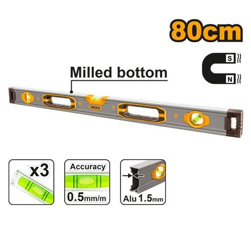 Пузырьковый уровень с мощными магнитами Ingco HSL38080M,80 см, 3 уровня Пузырьковый уровень с мощными магнитами Ingco HSL38080M,80 см, 3 уровня