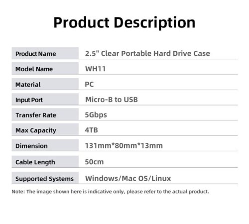 Внешний корпус для диска HDD/SSD Netac WH11 2.5 SATA to USB3.0 External HDD/SSD Case, Slide Transparent Cover, with USB3.0 A to B cable