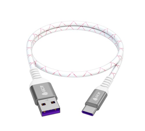GCR Кабель 0.5m, TypeC, быстрая зарядка 18W, поддержка QC, PD, бело-розовый, AL case серебро, 28/24 AWG, GCR-55289