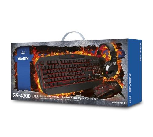 Игровой набор клавиатура+мышь+гарнитура+коврик SVEN GS-4300 (104 кл.+12Fn, 8 смен. кл., 200-4800DPI) Игровой набор клавиатура+мышь+гарнитура+коврик SVEN GS-4300 (104 кл.+12Fn, 8 смен. кл., 200-4800DPI)