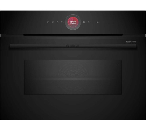 Встраиваемая электрическая духовка BOSCH Accent line. Компактная духовка с микроволновой печью и 16 типами нагрева, 45.5x59.5x54.8 см, 45л, дисплей,инвертор,SoftClose и SoftOpen, Bosch Assist, черный