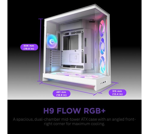 Корпус без блока питания/ Case NZXT H9 Flow RGB+ (2025), Midi-Tower, TG, 6x140mm RGB + 1x120mm RGB, 2xUSB-A 3.2 + 1xUSB-C 3.2, E-ATX, ATX, mATX, mITX White