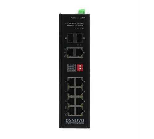 Коммутатор/ OSNOVO Промышленный  гигабитный PoE коммутатор на 10 портов. Порты: 8*10/100/1000Base-T с PoE (до 30W), 2*GE Combo, суммарно PoE до 240W, БП опционально