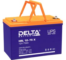 Батарея DELTA серия HRL-X, HRL 12-75 X, напряжение 12В, емкость 75Ач (разряд 10 часов),  макс. ток разряда (5 сек.) 700А, макс. ток заряда 22.5А, свинцово-кислотная типа AGM, клеммы под болт М6, ДxШxВ 258х166х210мм., вес 23.8кг., срок службы 12 лет./ Batt