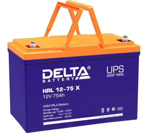 Батарея DELTA серия HRL-X, HRL 12-75 X, напряжение 12В, емкость 75Ач (разряд 10 часов), макс. ток разряда (5 сек.) 700А, макс. ток заряда 22.5А, свинцово-кислотная типа AGM, клеммы под болт М6, ДxШxВ 258х166х210мм., вес 23.8кг., срок службы 12 лет./ Batt Батарея DELTA серия HRL-X, HRL 12-75 X, напряжение 12В, емкость 75Ач (разряд 10 часов), макс. ток разряда (5 сек.) 700А, макс. ток заряда 22.5А, свинцово-кислотная типа AGM, клеммы под болт М6, ДxШxВ 258х166х210мм., вес 23.8кг., срок службы 12 лет./ Batt