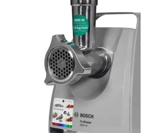 Мясорубка BOSCH/ РОЗНИЧНЫЙ ЭКСКЛЮЗИВ!! 600/1800Вт, 3 кг/мин., белый/серый фронт, реверс, отсек для хран., 3 диска, кебаб Мясорубка BOSCH/ РОЗНИЧНЫЙ ЭКСКЛЮЗИВ!! 600/1800Вт, 3 кг/мин., белый/серый фронт, реверс, отсек для хран., 3 диска, кебаб