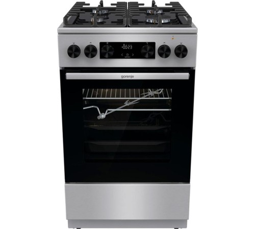 Плита GORENJE/ Комбинированная плита, Цвет: нержавеющая ст, Материал дверцы: Стеклянная дверца, Стандартный шарнир дверцы, Крышка: Металлическая крышка, Тип духовки: Мультифункциональная духовка, Газовая варочная панель, Автоматический электроподжиг вароч