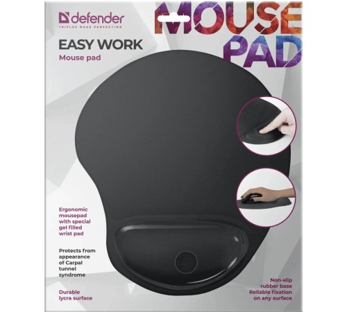 Коврик для компьютерной мыши Defender 50905 Easy Work черный, лайкра, 260х225х5 мм