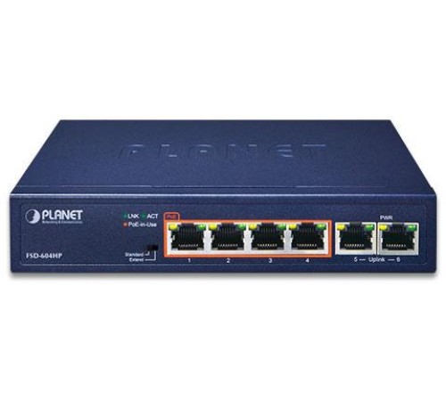 коммутатор/ PLANET 4-Port 10/100TX 802.3at POE + 2-Port 10/100TX Desktop Switch (60W POE Budget, 250m Extend mode, fanless, internal Power Supply)