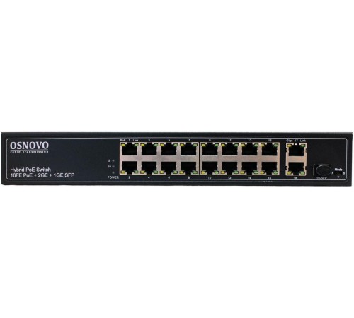 Коммутатор/ OSNOVO PoE коммутатор FE, 16 *10/100 Base-T с PoE, 2 x GE Uplink (RJ45), 1 x GE SFP Uplink, мощность PoE на порт до 30W, суммарно PoE до 292W
