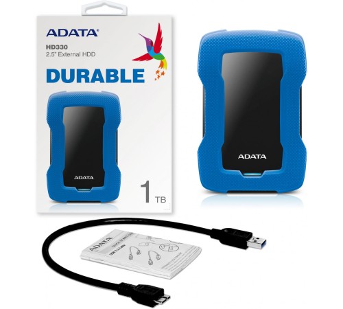 Внешний жесткий диск/ Portable HDD 1TB ADATA HD330 (Blue), Silicone, USB 3.2 Gen1, 133x89x16mm, 190g /3 года/