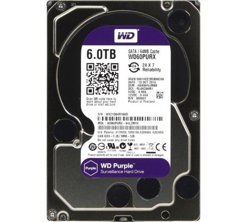 Жесткий диск/ HDD WD SATA3 6Tb Purple Video 64Mb 1 year warranty