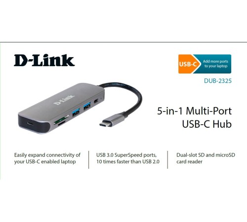 Концентратор/ DUB-2325 USB-C Hub, 2xUSB3.0 + USB-C, SD/microSD Card Reader Концентратор/ DUB-2325 USB-C Hub, 2xUSB3.0 + USB-C, SD/microSD Card Reader