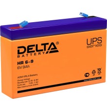 Батарея DELTA серия HR, HR 6-9, напряжение 6В, емкость 9Ач (разряд 20 часов),  макс. ток разряда (5 сек.) 135А, макс. ток заряда 2.55А, свинцово-кислотная типа AGM, клеммы F1, ДxШxВ 151х34х94мм., вес 1.37кг., срок службы 8 лет./ Battery DELTA series HR, H