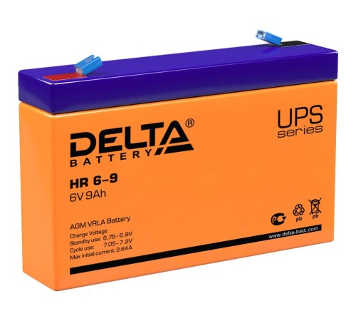Батарея DELTA серия HR, HR 6-9, напряжение 6В, емкость 9Ач (разряд 20 часов), макс. ток разряда (5 сек.) 135А, макс. ток заряда 2.55А, свинцово-кислотная типа AGM, клеммы F1, ДxШxВ 151х34х94мм., вес 1.37кг., срок службы 8 лет./ Battery DELTA series HR, H Батарея DELTA серия HR, HR 6-9, напряжение 6В, емкость 9Ач (разряд 20 часов), макс. ток разряда (5 сек.) 135А, макс. ток заряда 2.55А, свинцово-кислотная типа AGM, клеммы F1, ДxШxВ 151х34х94мм., вес 1.37кг., срок службы 8 лет./ Battery DELTA series HR, H