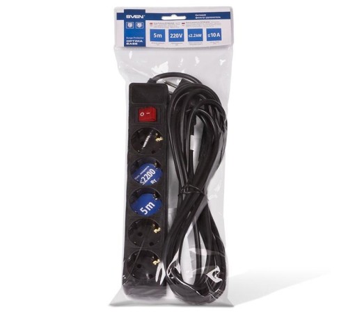 Фильтр SVEN Optima Base 5,0 м (5 розеток) черны/ Surge Protector SVEN Optima Base 5,0 m (5 sockets) Black Фильтр SVEN Optima Base 5,0 м (5 розеток) черны/ Surge Protector SVEN Optima Base 5,0 m (5 sockets) Black