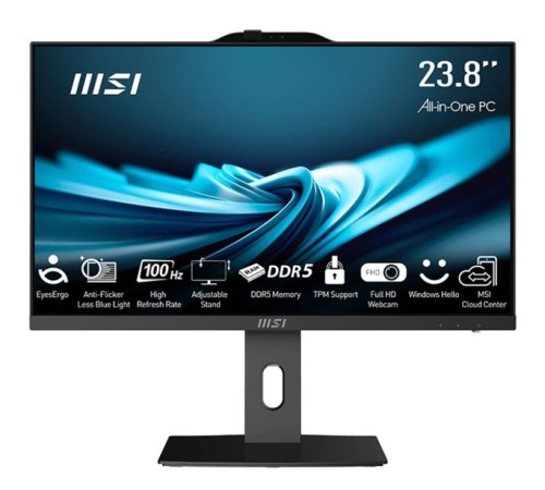 Моноблок MSI Pro AP242P 14M AiO 23,8" FHD(1920x1080)IPS AG Non-touch, Core i3-14100 (3.5GHz), 8Gb DDR5 (1x8Gb), 512GB SSD, Intel UHD,WiFi,BT,camera,WirelessKB&mouse Eng/Rus,noOS,1y w-ty,Black