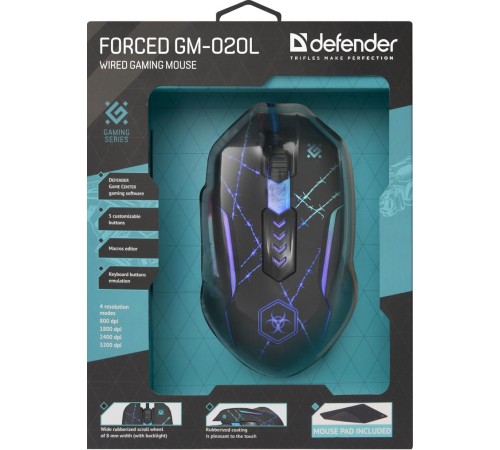 Defender Проводная игровая мышь Forced GM-020L оптика,6кнопок,800-3200dpi