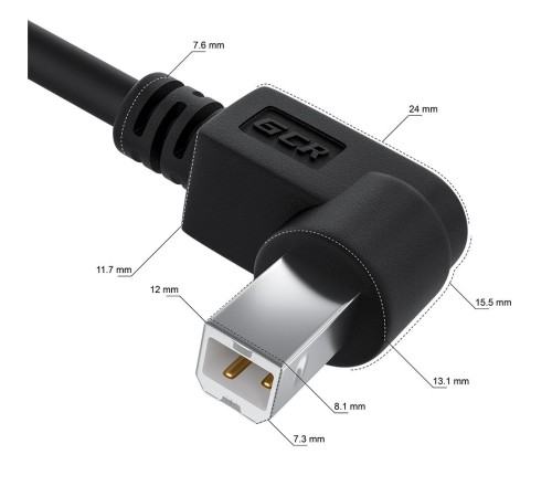 GCR Кабель 1.5m USB 2.0, AM/BM угловой, черный, 28/28 AWG, экран, армированный, GCR-52916