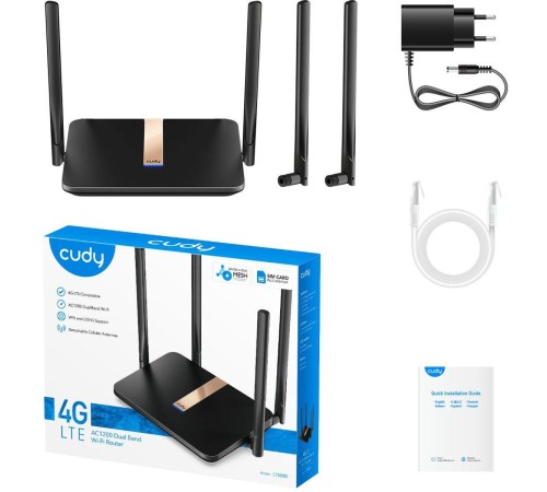 Маршрутизатор/ AC1200 Wi-Fi 4G LTE Cat.4 Router,1200Mbps Wi-Fi, build-in 4G LTE modem, Chipset MediaTek, 300Mbps at 2.4GHz + 867Mbps at 5GHz, 2 WiFi antennas, 2 Detachable 4G antennas, 4 10/100M RJ45 Ports, Nano SIM Slot, Cudy Mesh Support, PPTP/L2TP/Ope Маршрутизатор/ AC1200 Wi-Fi 4G LTE Cat.4 Router,1200Mbps Wi-Fi, build-in 4G LTE modem, Chipset MediaTek, 300Mbps at 2.4GHz + 867Mbps at 5GHz, 2 WiFi antennas, 2 Detachable 4G antennas, 4 10/100M RJ45 Ports, Nano SIM Slot, Cudy Mesh Support, PPTP/L2TP/Ope