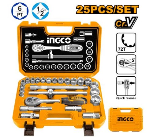 Набор головок 25 ШТ 1/2" Ingco HKTS12251,10-32мм, CR-V Набор головок 25 ШТ 1/2" Ingco HKTS12251,10-32мм, CR-V