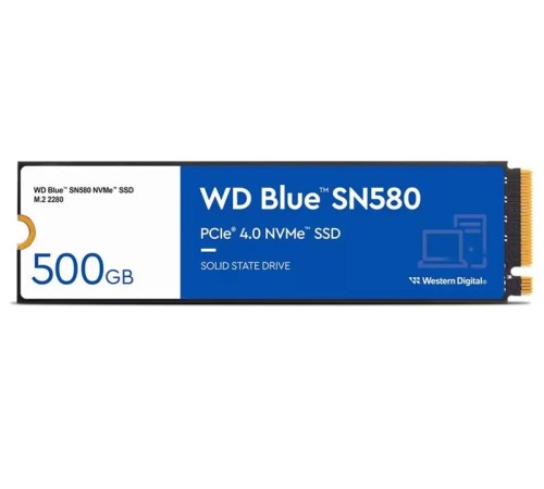Твердотельный накопитель Western Digital Blue SN580 SSD M2.2280 PCIe 4.0 500Gb, 4000MBs/3600MBs, TBW 300, WDS500G3B0E, 1 year