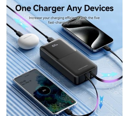 Power Bank Vention 20000mAh(Micro-USB/C/A/A) со встроенными кабелями 22.5W Чёрный с LED Дисплеем, шт. Power Bank Vention 20000mAh(Micro-USB/C/A/A) со встроенными кабелями 22.5W Чёрный с LED Дисплеем, шт.