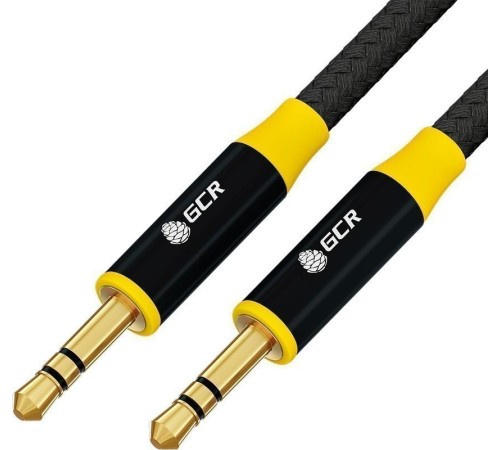 GCR Кабель 1.0m аудио jack 3.5mm/jack 3.5mm черный нейлон, GOLD, AL case черный, желтая окантовка, M/M, GCR-54244