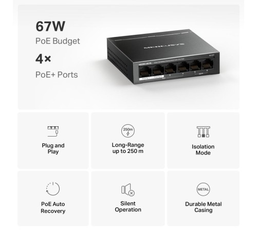 Коммутатор/ 6-Port 10/100Mbps Desktop Switch with 4-Port PoE+ Коммутатор/ 6-Port 10/100Mbps Desktop Switch with 4-Port PoE+
