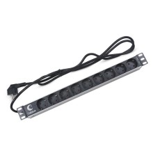  Cabeus PDU-9P-2EU Блок евророзеток для 19" шкафов, гориз., 9 розеток, 16 A, без выключателя, шнур 2м, алюминиевый корпус, немецкий стандарт
