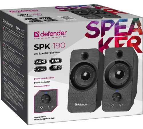 Акустическая 2.0 система Defender 65190 SPK-190 черный, 8 Вт, питание от USB Акустическая 2.0 система Defender 65190 SPK-190 черный, 8 Вт, питание от USB